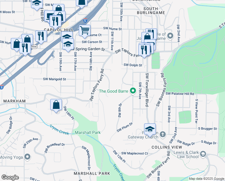 map of restaurants, bars, coffee shops, grocery stores, and more near 9121 Southwest 9th Place in Portland