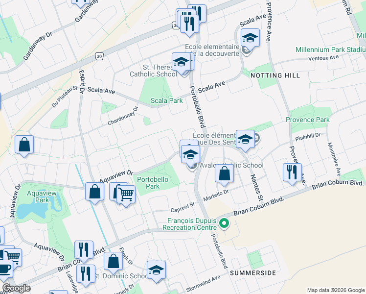 map of restaurants, bars, coffee shops, grocery stores, and more near 501 Cannes Crescent in Ottawa