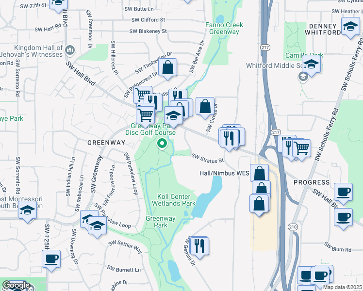 map of restaurants, bars, coffee shops, grocery stores, and more near 8405 Southwest Creekside Place in Beaverton
