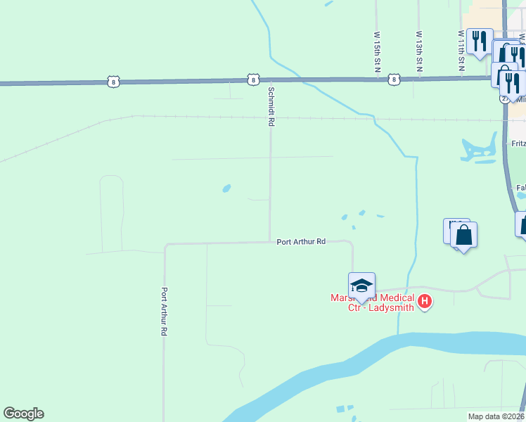 map of restaurants, bars, coffee shops, grocery stores, and more near N4715 Schmidt Road in Ladysmith