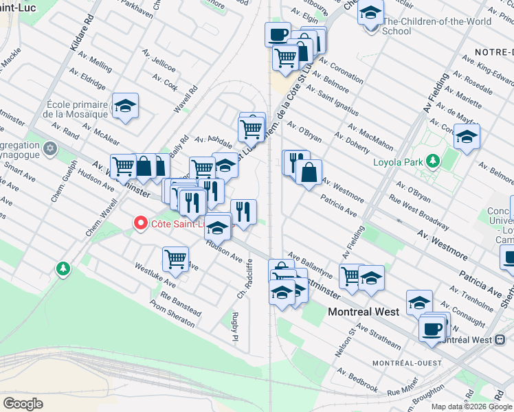 map of restaurants, bars, coffee shops, grocery stores, and more near 7575 Chemin Westover in Montréal