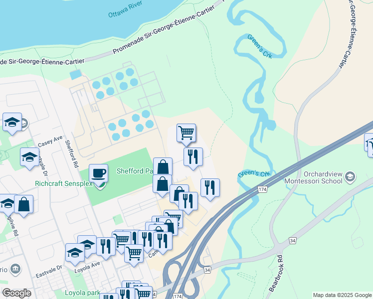 map of restaurants, bars, coffee shops, grocery stores, and more near 5480 Canotek Road in Ottawa