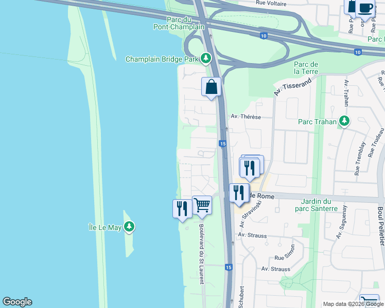 map of restaurants, bars, coffee shops, grocery stores, and more near 7680 Boulevard Marie-Victorin in Brossard