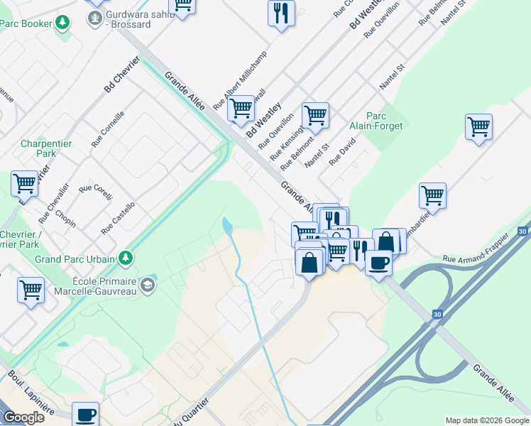 map of restaurants, bars, coffee shops, grocery stores, and more near 7245 Rue du Chardonneret in Brossard