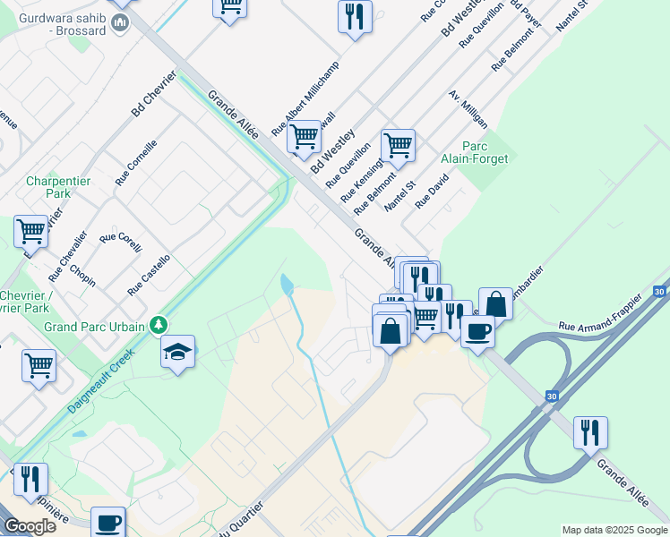 map of restaurants, bars, coffee shops, grocery stores, and more near 7245 Rue du Chardonneret in Brossard