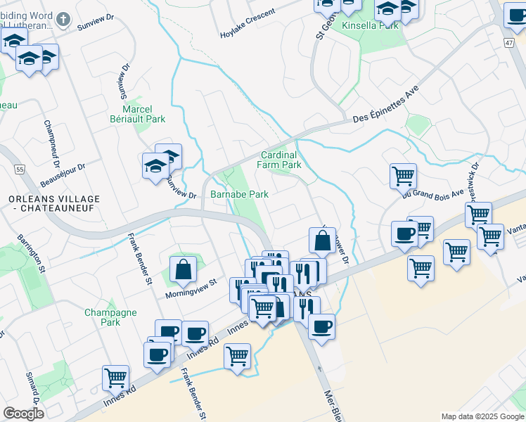 map of restaurants, bars, coffee shops, grocery stores, and more near 1886 Leclair Crescent in Ottawa