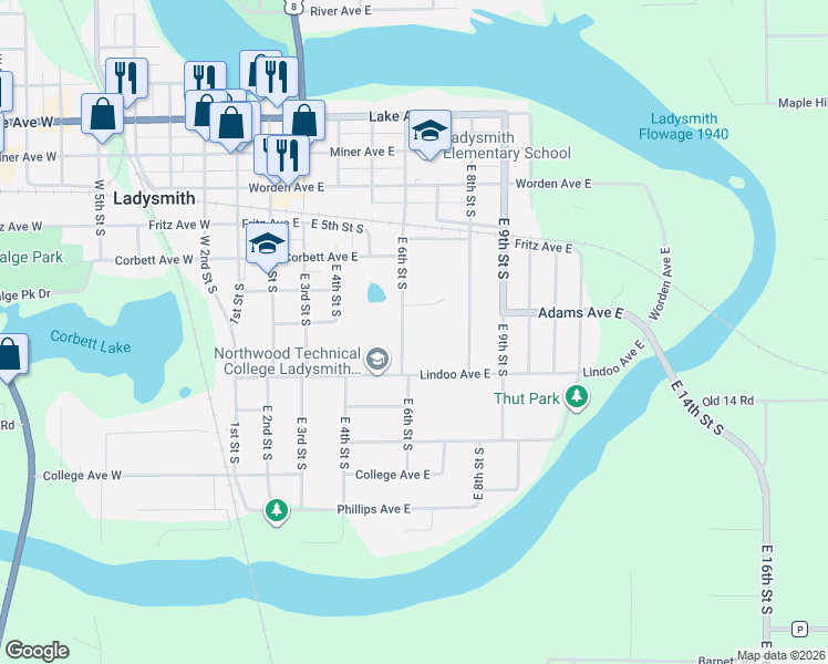 map of restaurants, bars, coffee shops, grocery stores, and more near 617 East 6th Street South in Ladysmith