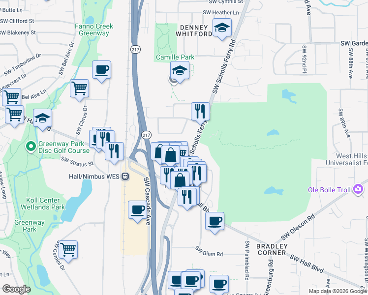 map of restaurants, bars, coffee shops, grocery stores, and more near 10270 Southwest Homestead Lane in Beaverton