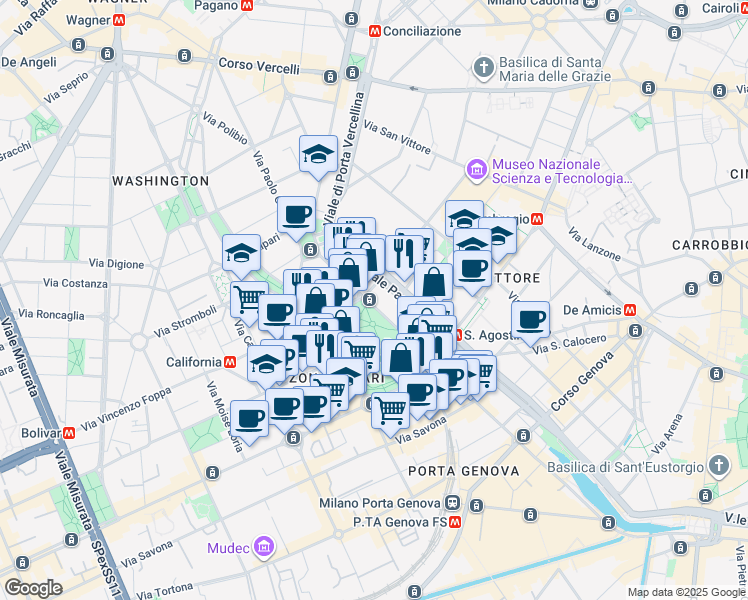 map of restaurants, bars, coffee shops, grocery stores, and more near 24 Viale Papiniano in Milan