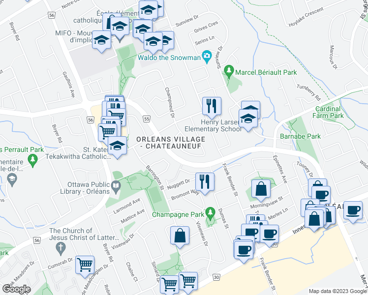 map of restaurants, bars, coffee shops, grocery stores, and more near 1689 Boisbriand Crescent in Ottawa