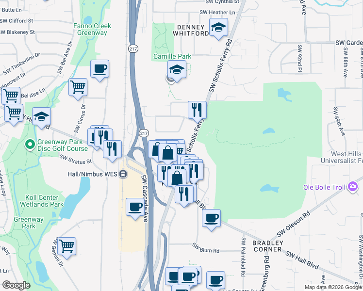 map of restaurants, bars, coffee shops, grocery stores, and more near 10270 Southwest Homestead Lane in Beaverton
