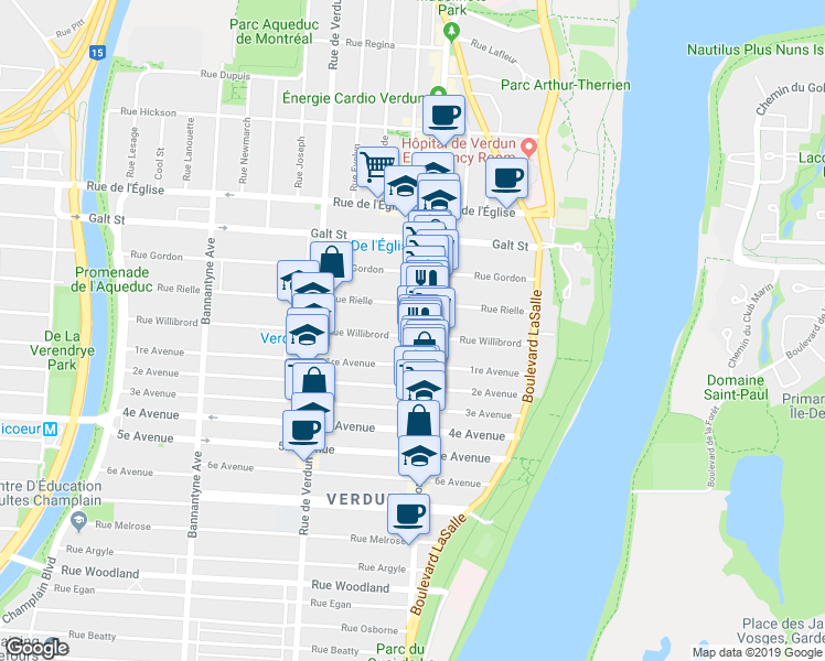 map of restaurants, bars, coffee shops, grocery stores, and more near 269 Rue Willibrord in Montréal