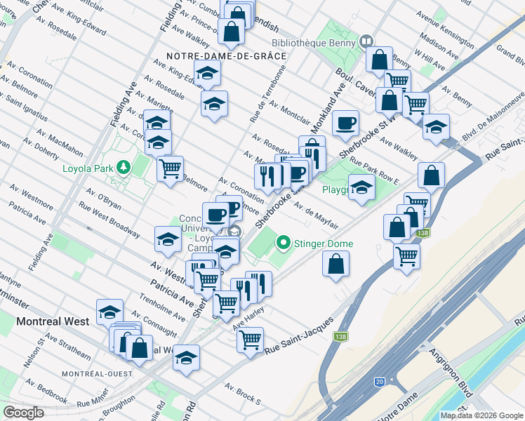 map of restaurants, bars, coffee shops, grocery stores, and more near 7017 Rue Sherbrooke Ouest in Montréal