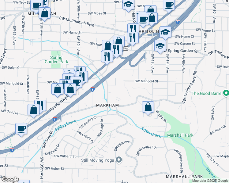 map of restaurants, bars, coffee shops, grocery stores, and more near 9023 Southwest 25th Avenue in Portland