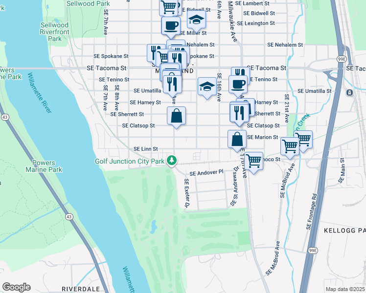 map of restaurants, bars, coffee shops, grocery stores, and more near 1333 Southeast Linn Street in Portland