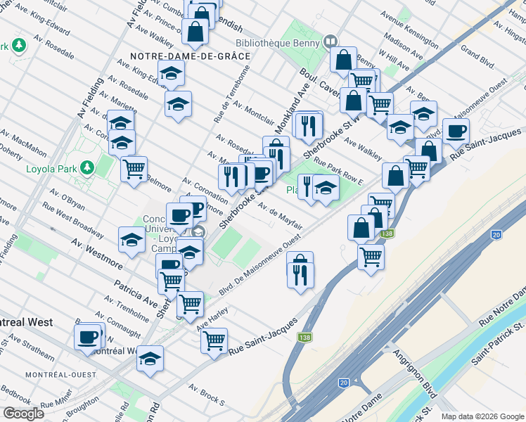 map of restaurants, bars, coffee shops, grocery stores, and more near 2528 Avenue de Mayfair in Montréal