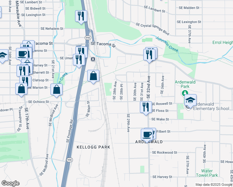 map of restaurants, bars, coffee shops, grocery stores, and more near 8736 Southeast 28th Avenue in Milwaukie