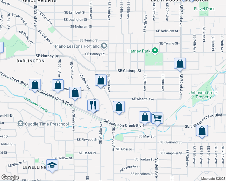 map of restaurants, bars, coffee shops, grocery stores, and more near 6213 Southeast Fern Avenue in Portland