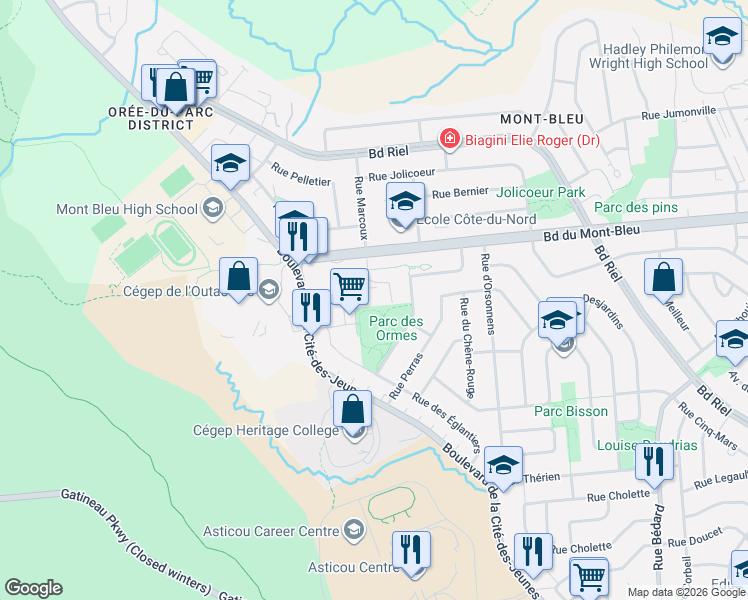 map of restaurants, bars, coffee shops, grocery stores, and more near 235 Place des Sorbiers in Gatineau