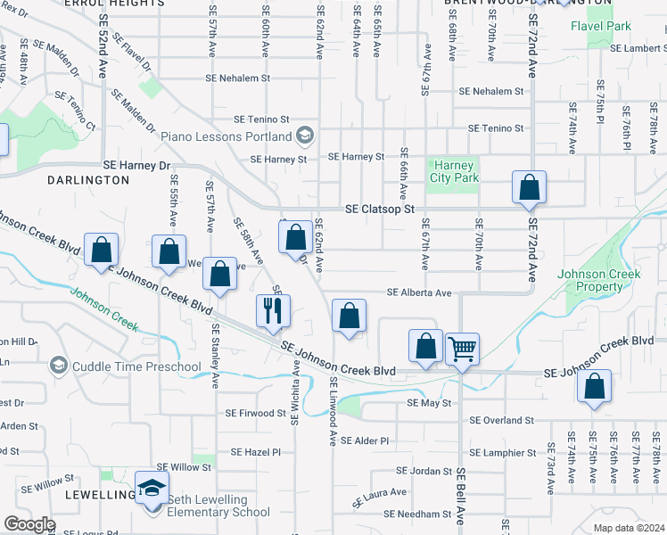 map of restaurants, bars, coffee shops, grocery stores, and more near 6217 Southeast Fern Avenue in Portland