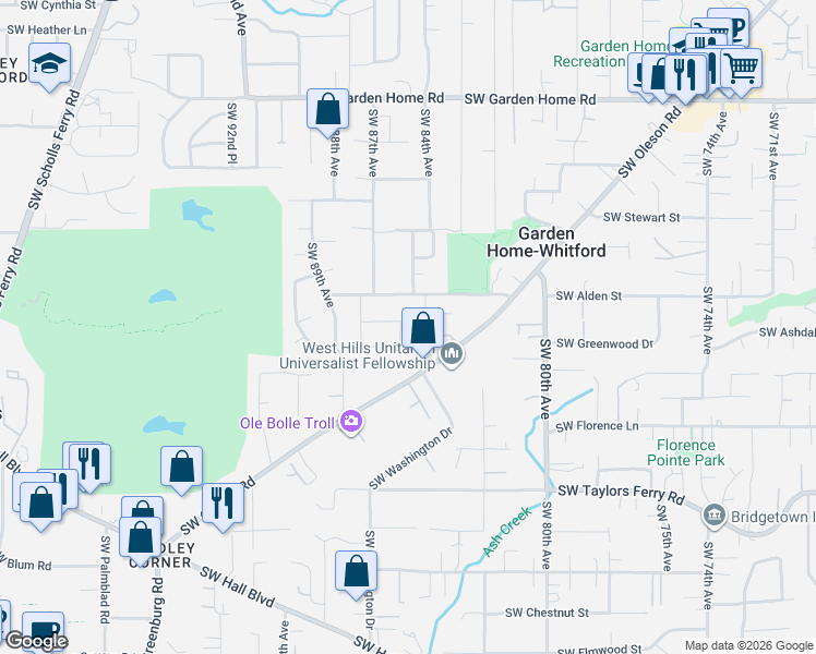 map of restaurants, bars, coffee shops, grocery stores, and more near 8390 Southwest Godwin Court in Portland