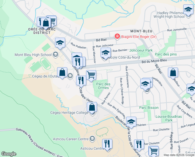map of restaurants, bars, coffee shops, grocery stores, and more near 235 Place des Sorbiers in Gatineau