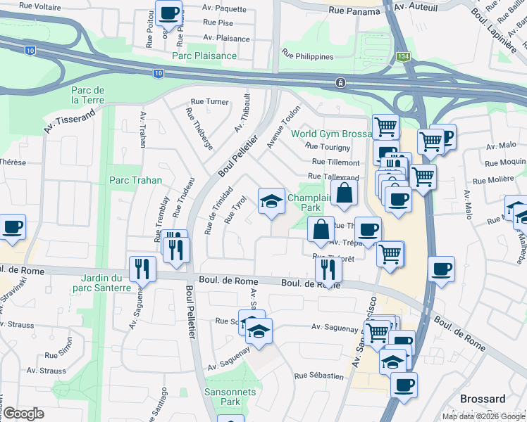 map of restaurants, bars, coffee shops, grocery stores, and more near 7490 Rue Tyrol in Brossard