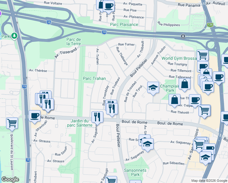map of restaurants, bars, coffee shops, grocery stores, and more near 7610 Rue Trudeau in Brossard