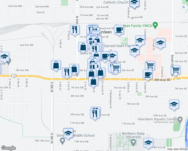 map of restaurants, bars, coffee shops, grocery stores, and more near 523 South Main Street in Aberdeen