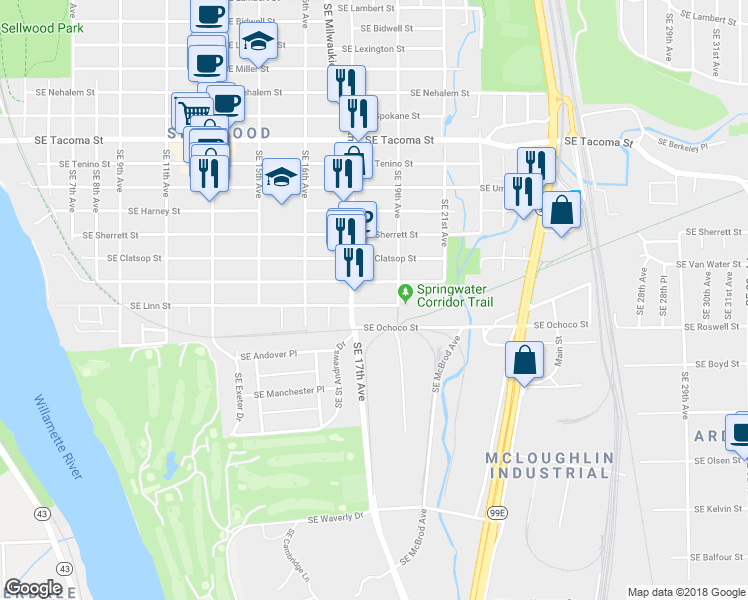 map of restaurants, bars, coffee shops, grocery stores, and more near 8816 Southeast 17th Avenue in Portland