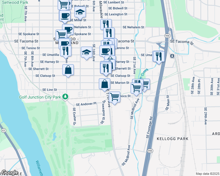 map of restaurants, bars, coffee shops, grocery stores, and more near 8816 Southeast 17th Avenue in Portland