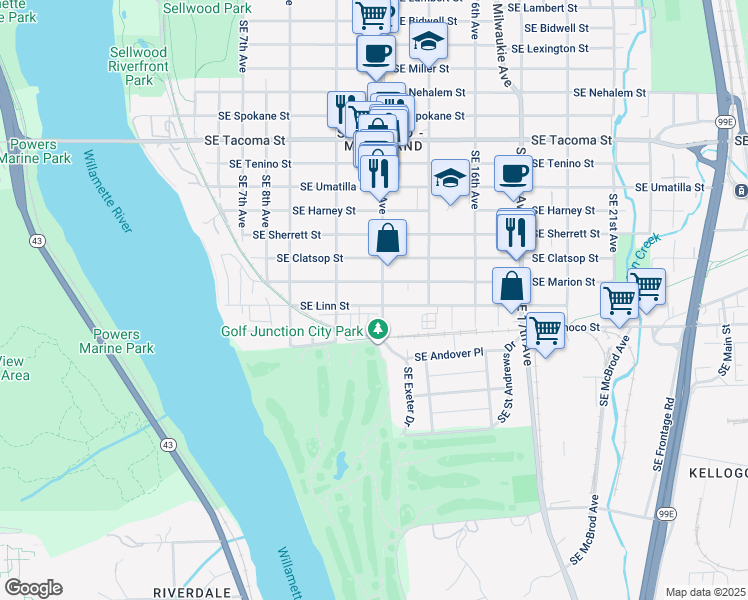 map of restaurants, bars, coffee shops, grocery stores, and more near 1218 Southeast Linn Street in Portland