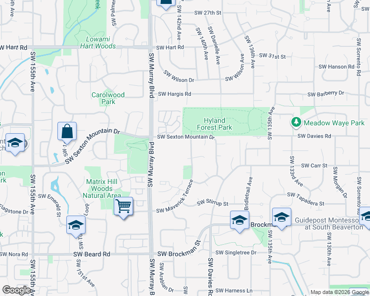map of restaurants, bars, coffee shops, grocery stores, and more near 8425 Southwest Maverick Place in Beaverton