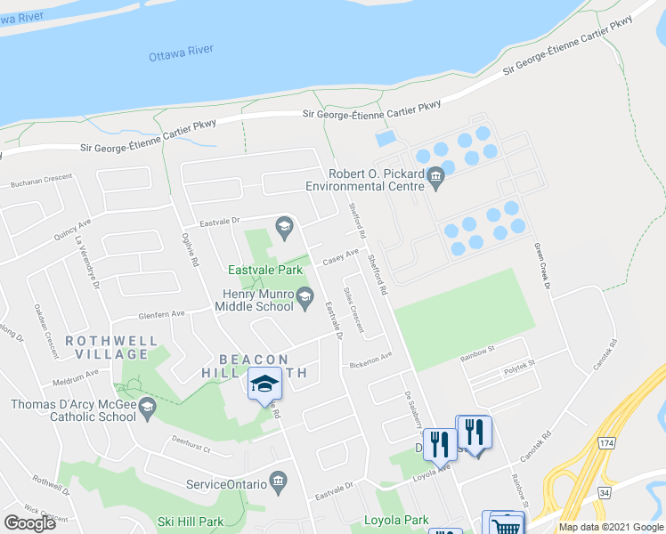 map of restaurants, bars, coffee shops, grocery stores, and more near 729 Eastvale Drive in Ottawa