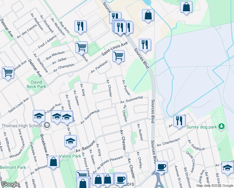 map of restaurants, bars, coffee shops, grocery stores, and more near 112 Avenue Charles in Pointe-Claire