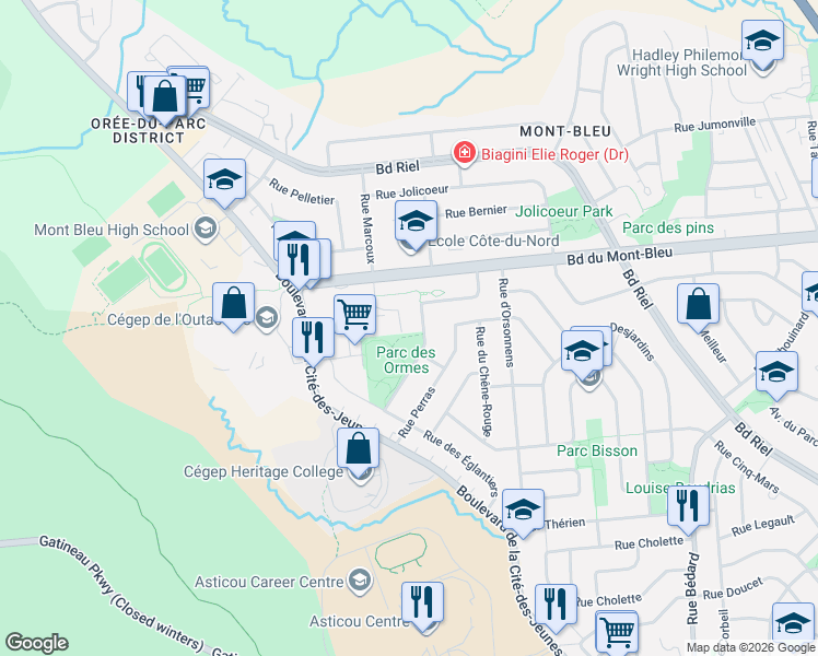 map of restaurants, bars, coffee shops, grocery stores, and more near 153 Place des Sorbiers in Gatineau