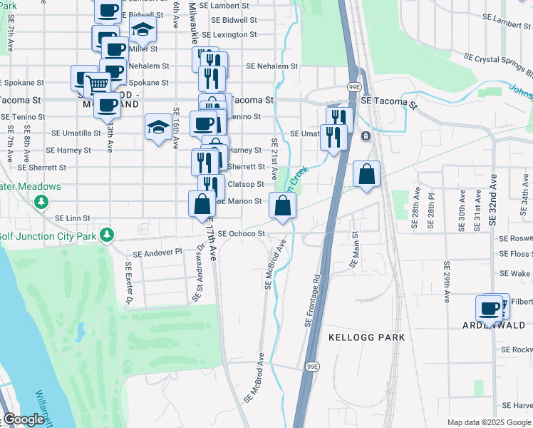 map of restaurants, bars, coffee shops, grocery stores, and more near 2020 Southeast Marion Street in Portland