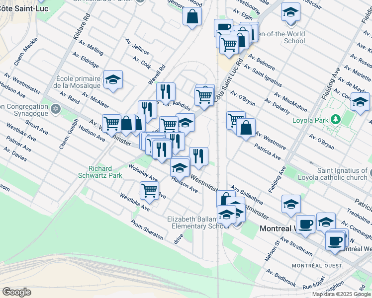 map of restaurants, bars, coffee shops, grocery stores, and more near 5460 Sunnybrooke Avenue in Côte Saint-Luc