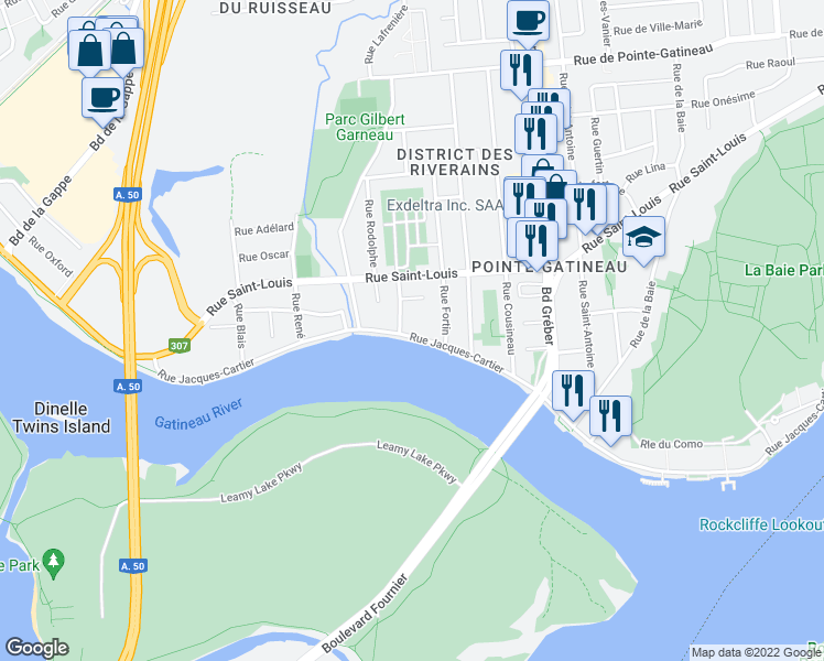 map of restaurants, bars, coffee shops, grocery stores, and more near 671 Rue Jacques-Cartier in Gatineau
