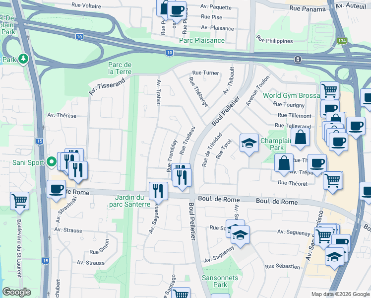 map of restaurants, bars, coffee shops, grocery stores, and more near 7610 Rue Trudeau in Brossard