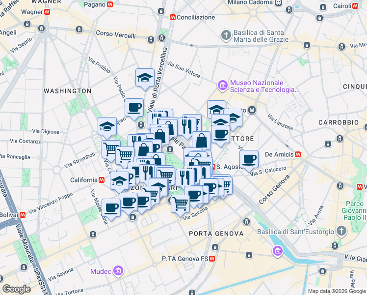 map of restaurants, bars, coffee shops, grocery stores, and more near 24 Viale Papiniano in Milano
