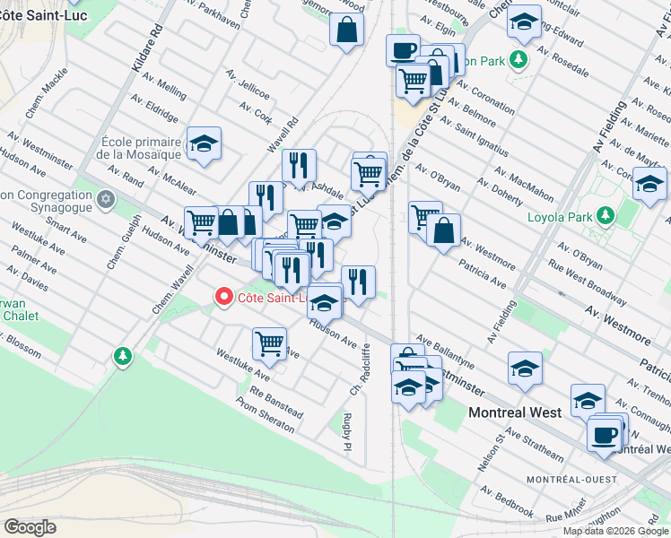 map of restaurants, bars, coffee shops, grocery stores, and more near 5460 Sunnybrooke Avenue in Côte Saint-Luc