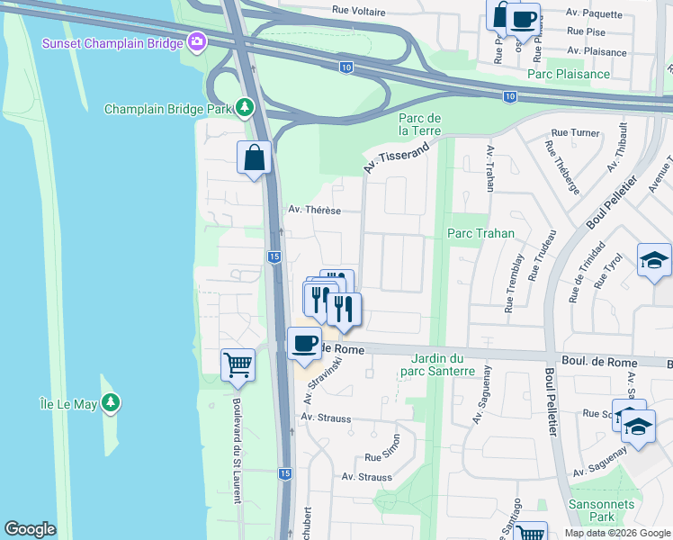 map of restaurants, bars, coffee shops, grocery stores, and more near 1755 Croissant Tourangeau in Brossard