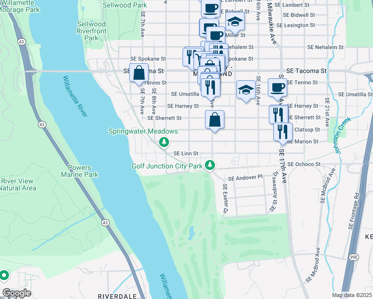 map of restaurants, bars, coffee shops, grocery stores, and more near 8725 Southeast 11th Avenue in Portland