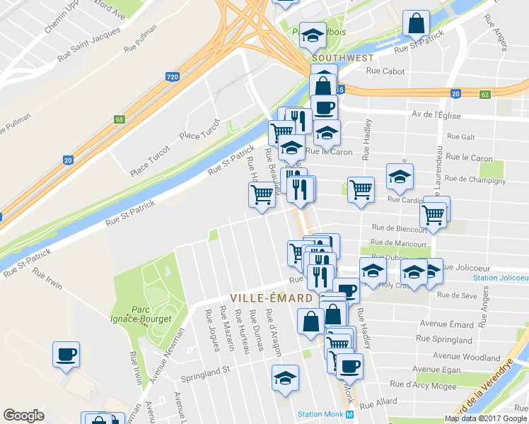 map of restaurants, bars, coffee shops, grocery stores, and more near 5840 Rue Hamilton in Montréal