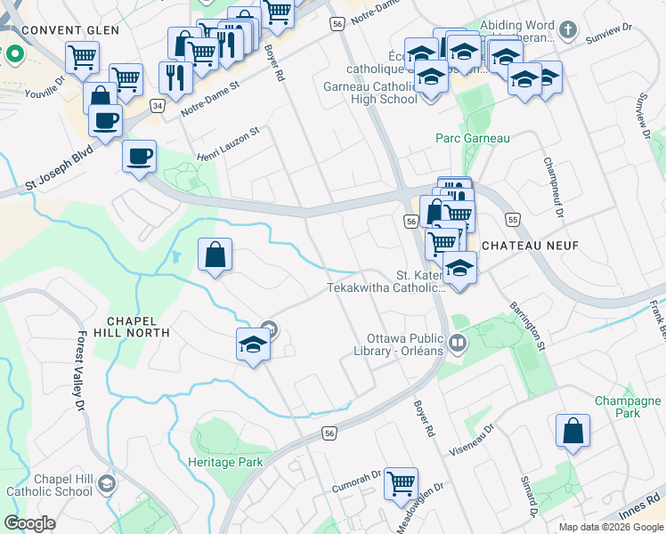 map of restaurants, bars, coffee shops, grocery stores, and more near 1691 Hunters Run Drive in Ottawa