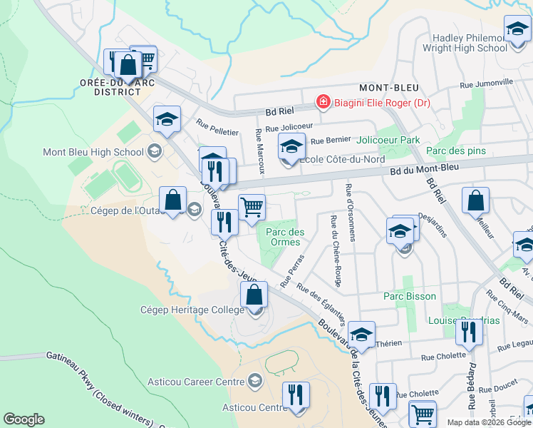 map of restaurants, bars, coffee shops, grocery stores, and more near 213 Place des Sorbiers in Gatineau