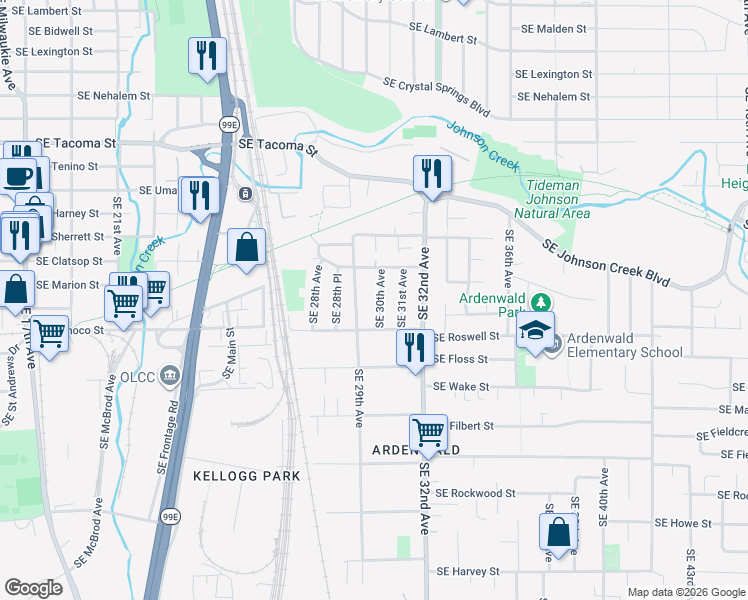 map of restaurants, bars, coffee shops, grocery stores, and more near 8826 Southeast 29th Avenue in Milwaukie