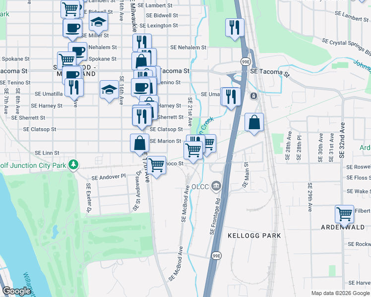 map of restaurants, bars, coffee shops, grocery stores, and more near 2105 Southeast Ochoco Street in Portland