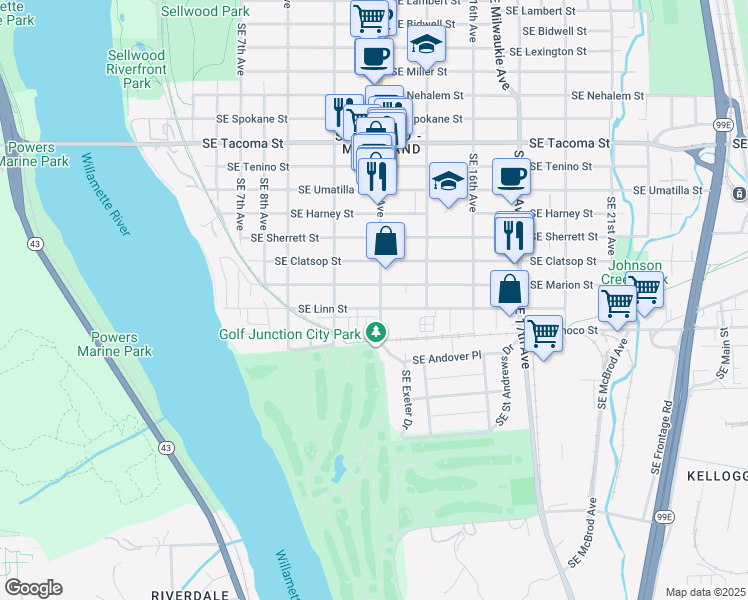 map of restaurants, bars, coffee shops, grocery stores, and more near 1218 Southeast Linn Street in Portland